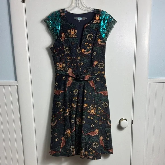 ANTHROPOLOGIE Eva Franco larksong Corduroy Birds Sequin Dress Size 8 - Picture 2 of 13